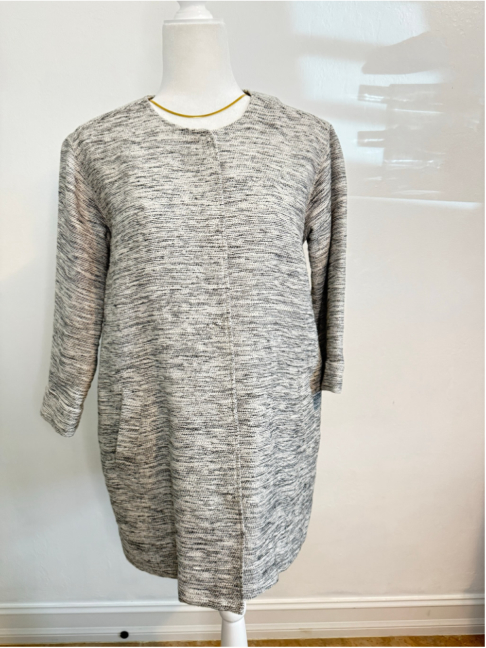 Eileen Fisher Petite M Jacket Coat Grey Black Textured, tweed long blazer